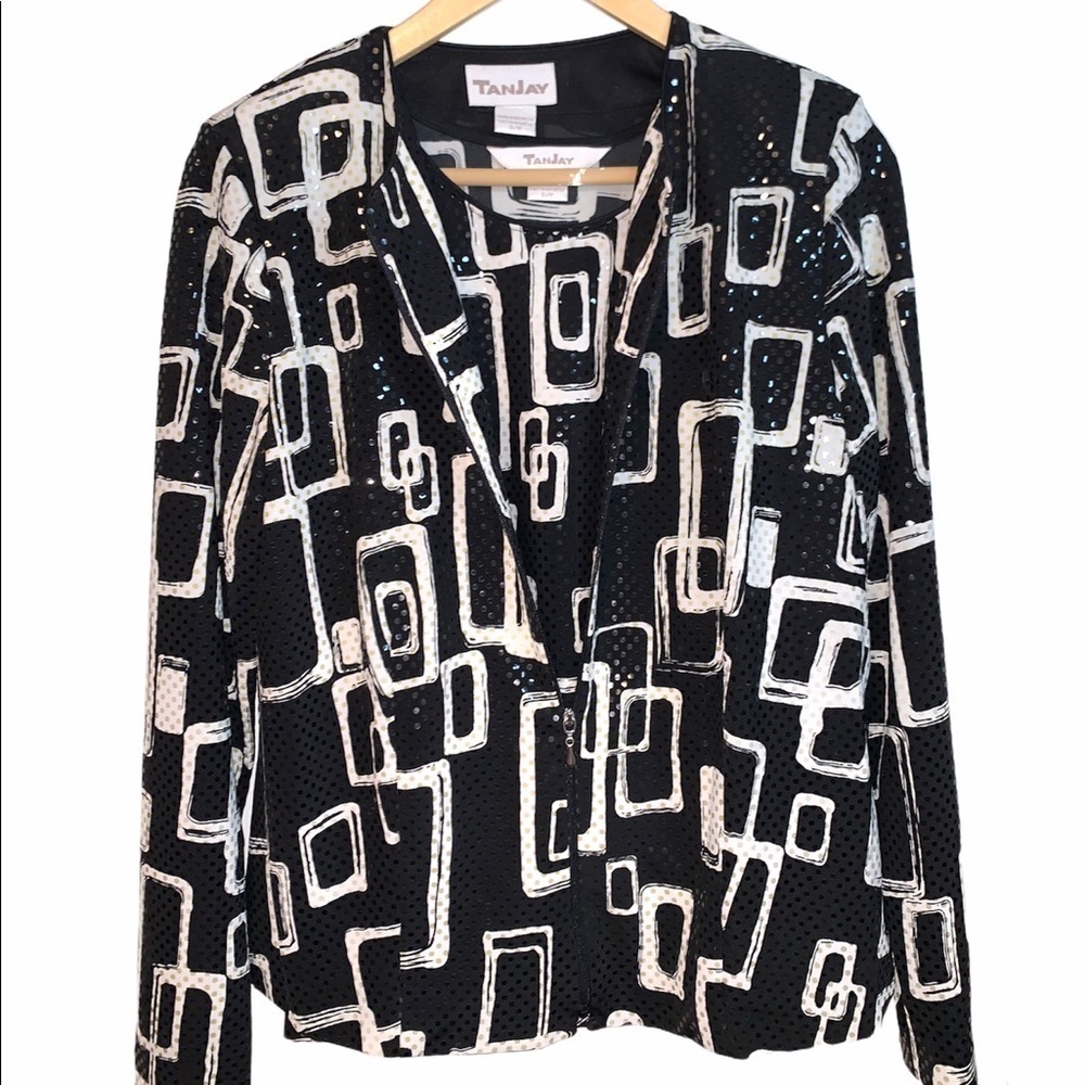 TanJay Geometrical Sequin Zip Up Business Casual Blazer & Tank Top Set Small